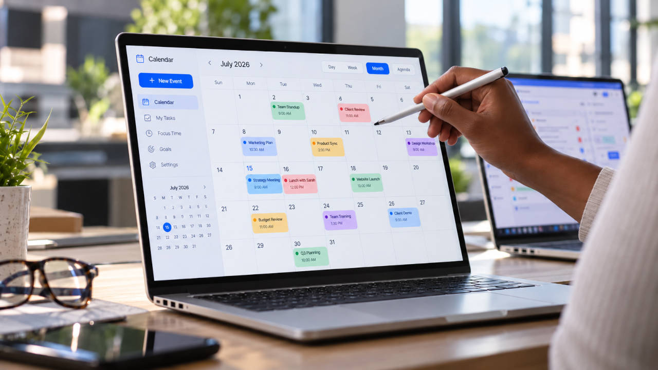 Person using a stylus to manage appointments on a laptop displaying a colorful July 2026 digital calendar.