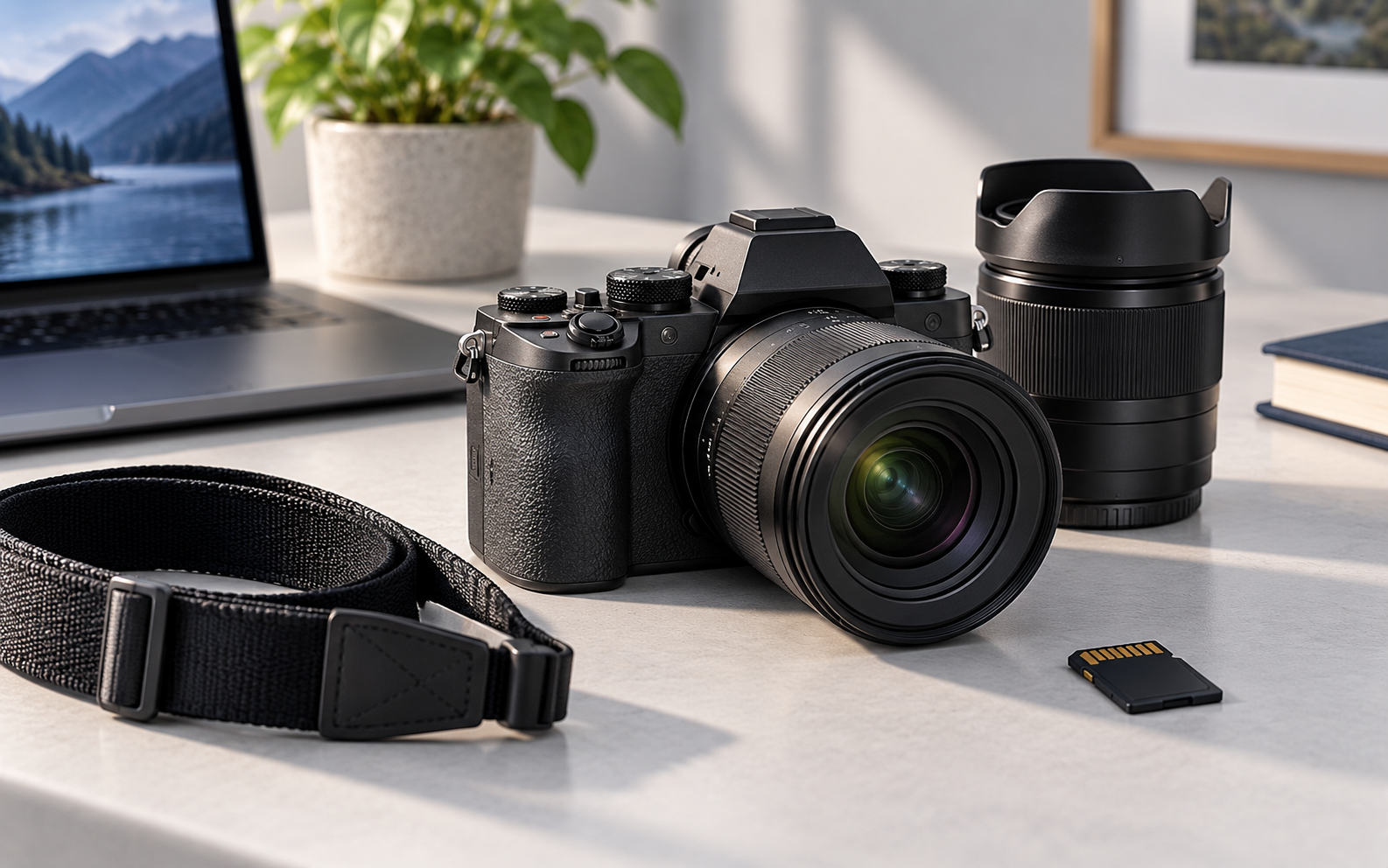 Mirrorless camera with lenses, memory card and camera strap on a desk