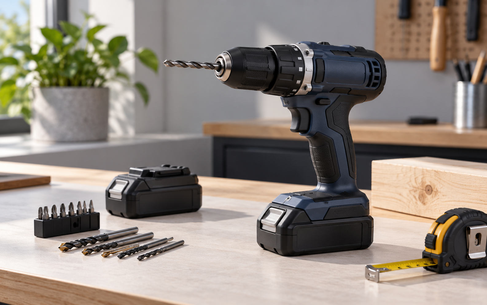 Cordless drill with battery pack, drill bits and tape measure on a workbench