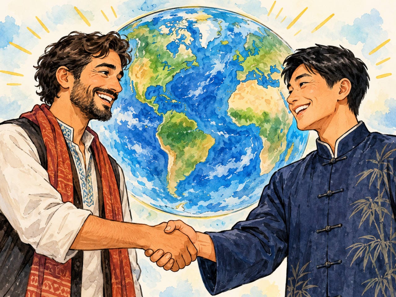 Two people from different cultures shaking hands in front of the Earth, representing language learning and communication