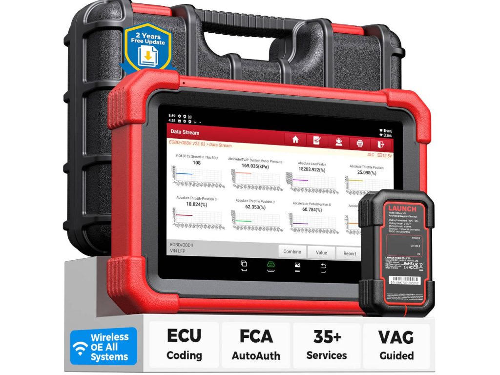 LAUNCH X431 CRP919X BT wireless automotive diagnostic scanner with touchscreen tablet, Bluetooth VCI module, and carrying case, featuring ECU coding, FCA AutoAuth, 35+ service functions, and VAG guided diagnostics.