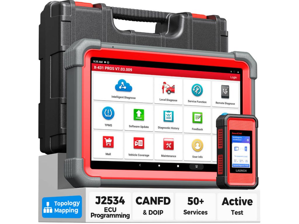 LAUNCH X431 PRO5 professional automotive diagnostic scanner with touchscreen tablet, SmartLink VCI module, and carrying case, featuring J2534 ECU programming, CAN FD, DoIP, and 50+ service functions.