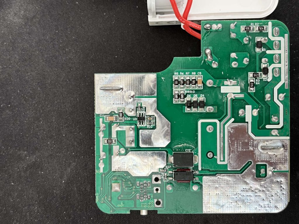 Solder side of the PD-87W USB-C charger circuit board with large copper power traces.