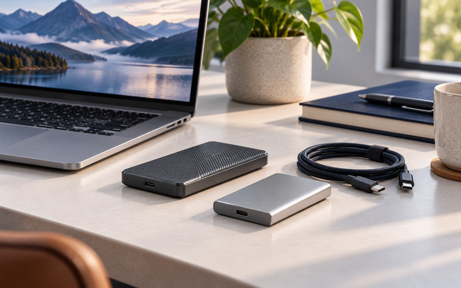 External SSD drives and USB-C cable beside a laptop on a desk