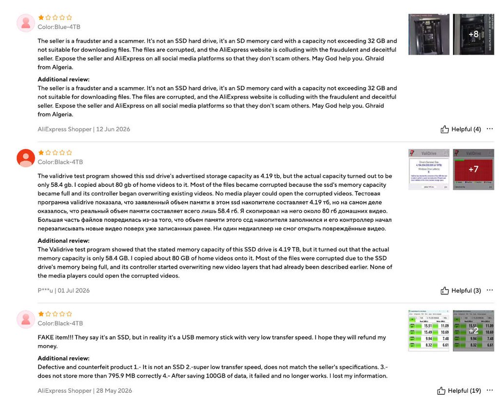 Fake 4TB SSD – AliExpress Customer Complaints and Capacity Tests AliExpress customer reviews reporting fake 4TB SSDs with actual capacities of 58.4GB or less, corrupted videos, and extremely slow transfer speeds.