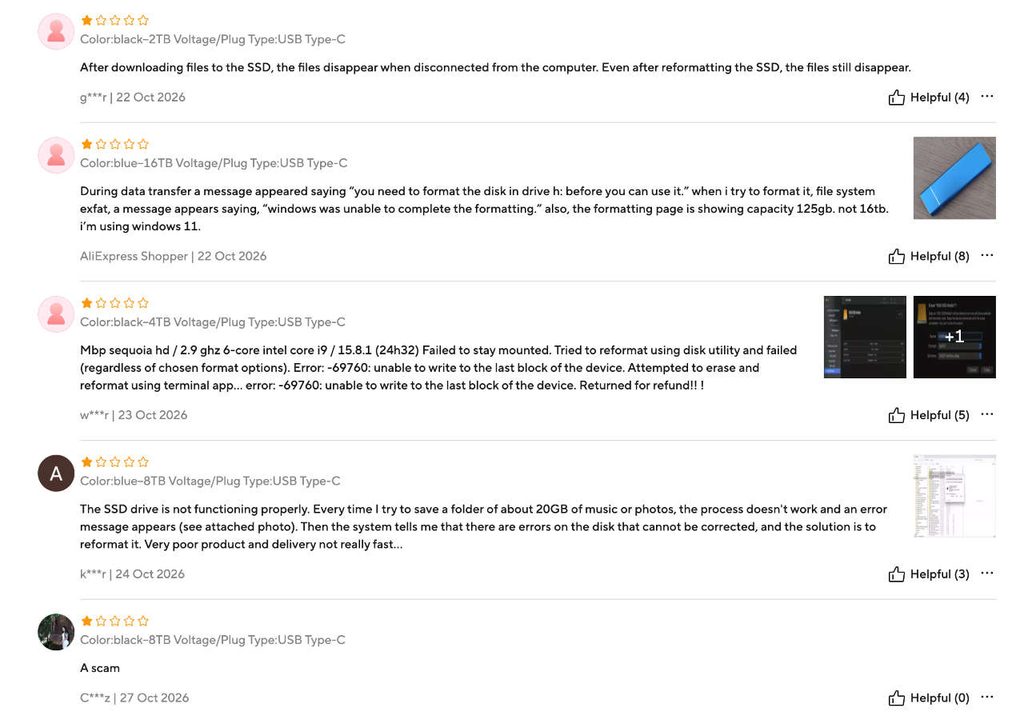 AliExpress Fake SSD Complaints – Disappearing Files and Storage Errors AliExpress one-star reviews describing portable SSDs with disappearing files, incorrect storage capacities, formatting errors, and failed data transfers.