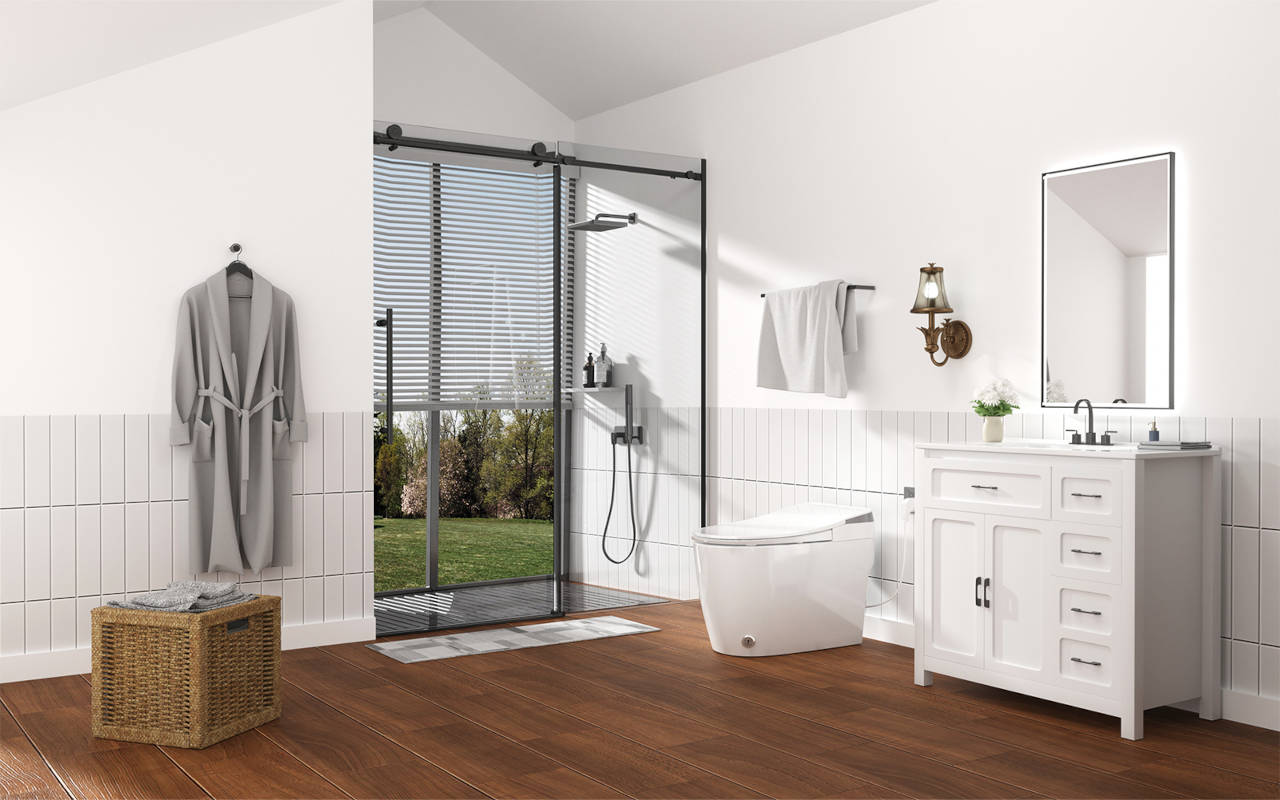 Modern bathroom with a glass-enclosed walk-in shower, white smart toilet, vanity cabinet, wall mirror, white tile walls, and wood-look flooring.