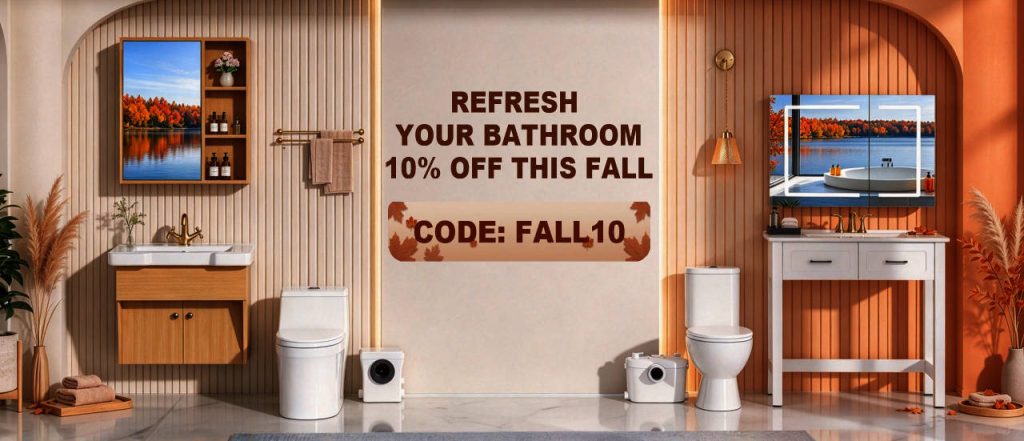 Simple Project fall bathroom sale featuring modern vanities, toilets, and macerating systems with 10% off using promo code FALL10.