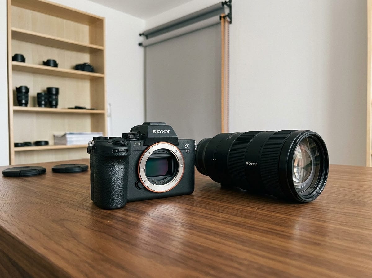 Sony A7 V camera body sitting without a lens next to a detached lens on a wooden table in a photographer's studio.