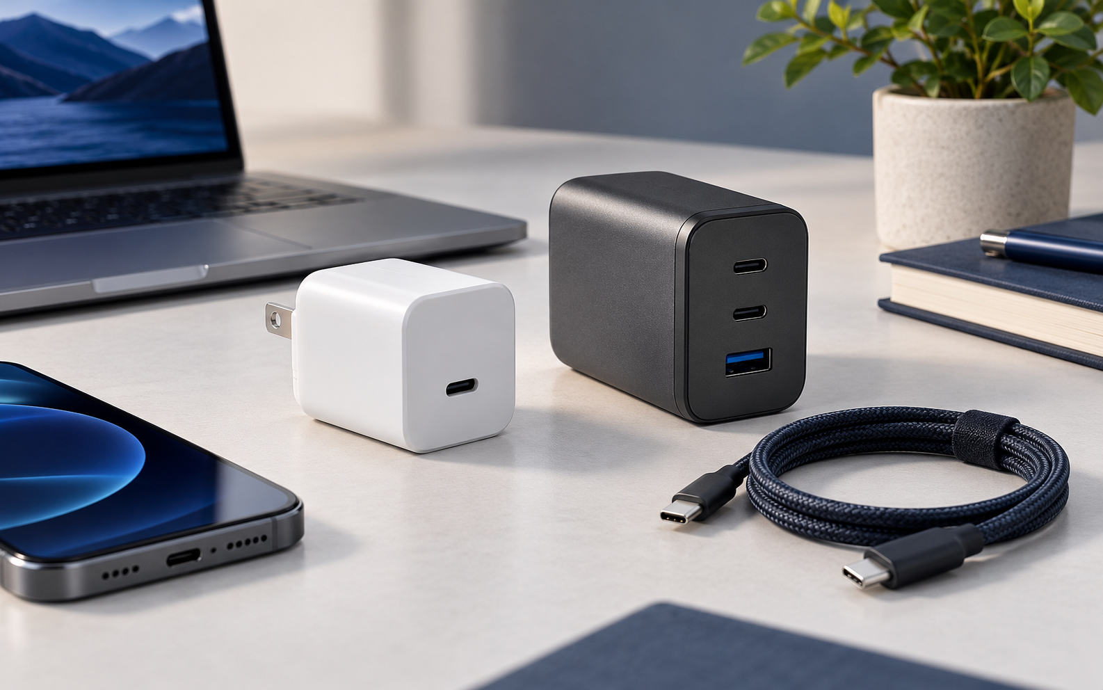 USB-C wall chargers and charging cable beside a laptop and smartphone