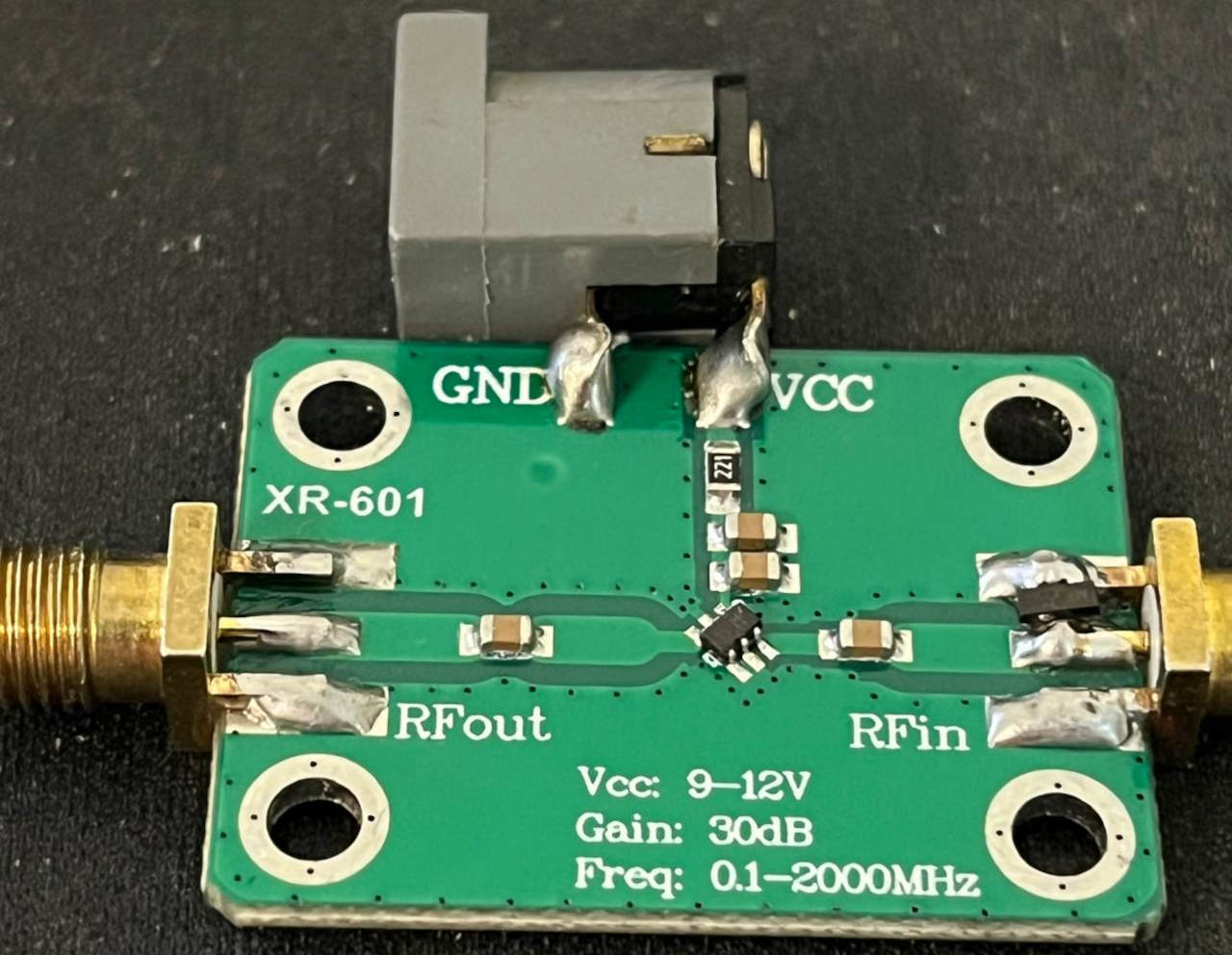 XR-601 broadband RF amplifier circuit board with added DC power connector and input protection diode.