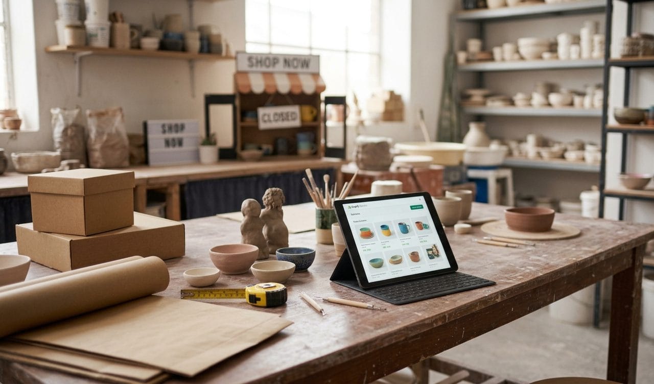 A rustic artisan workshop table displaying a tablet showing an e-commerce dashboard alongside packaging materials and handcrafted ceramics.